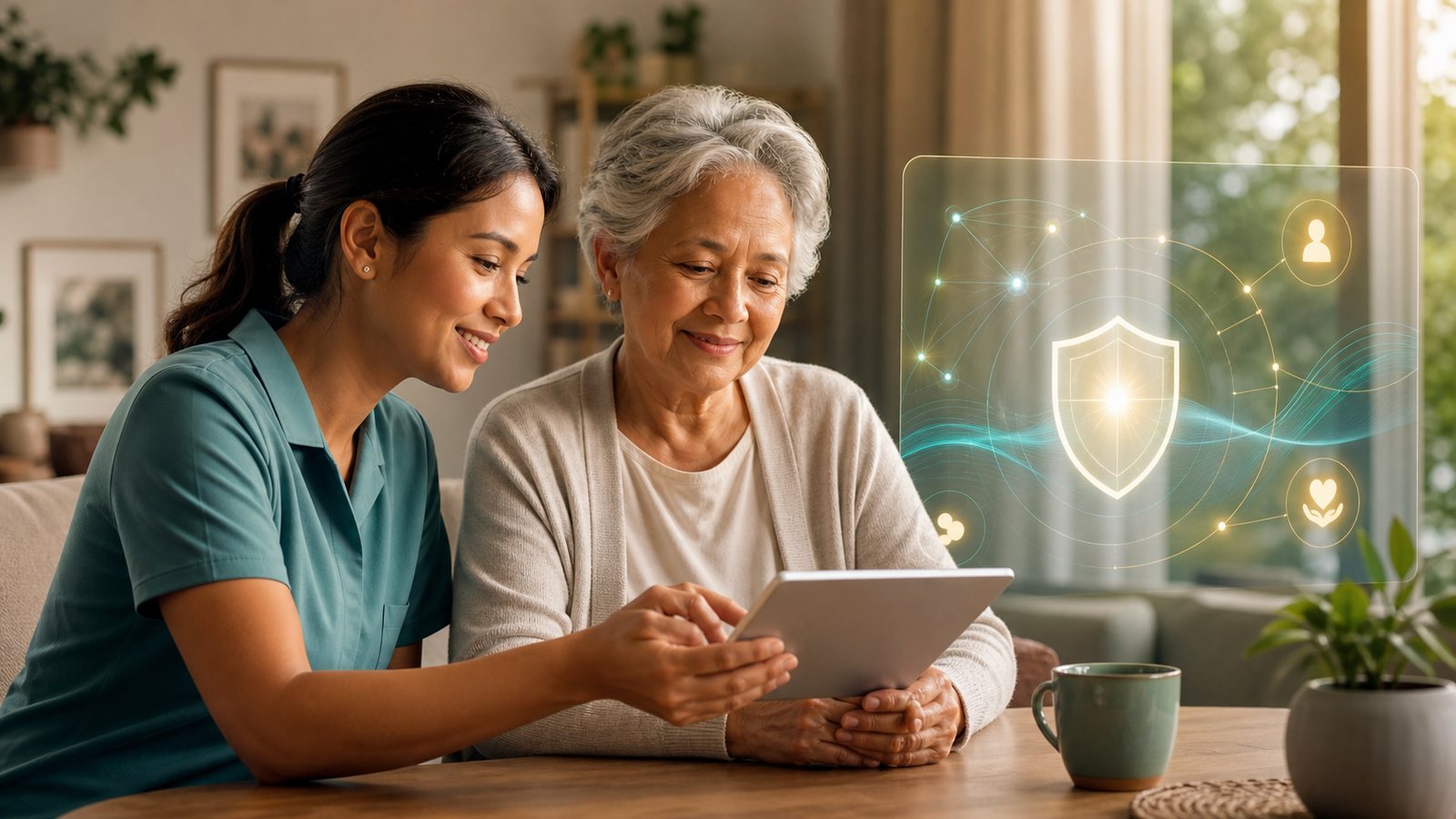 Caregiver and older adult using HAIS with privacy and trust safeguards